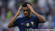 Soccer Football - FIFA World Cup Qatar 2022 - Final - Argentina v France - Lusail Stadium, Lusail, Qatar - December 18, 2022 France's Kingsley Coman looks dejected after missing a penalty during the penalty shootout REUTERS/Hannah Mckay