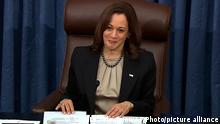 In this image from video from Senate Television, Vice President Kamala Harris smiles after the Senate confirmed Ketanji Brown Jackson to the Supreme Court at the U.S. Capitol, Thursday, April 7, 2022, in Washington. (Senate Television via AP)
