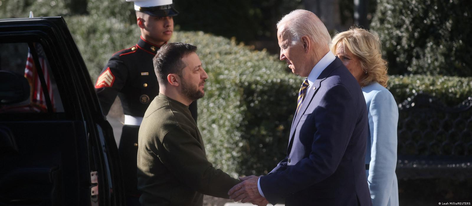 US President Joe Biden and first lady Jill Biden welcome Ukraine's President Volodymyr Zelenskyy on the South Lawn at the White House in Washington