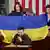 کامالا هریس، معاون رئیس‌جمهور و نانسی پلوسی، رئیس مجلس نمایندگان آمریکا، هنگام سخنرانی ولودیمیر زلنسکی، رئیس‌جمهور اوکراین، در کنگره در روز۲۱ دسامبر ۲۰۲۲ پرچم اوکراین را با امضای سربازان اوکراینی خط مقدم در دست دارند