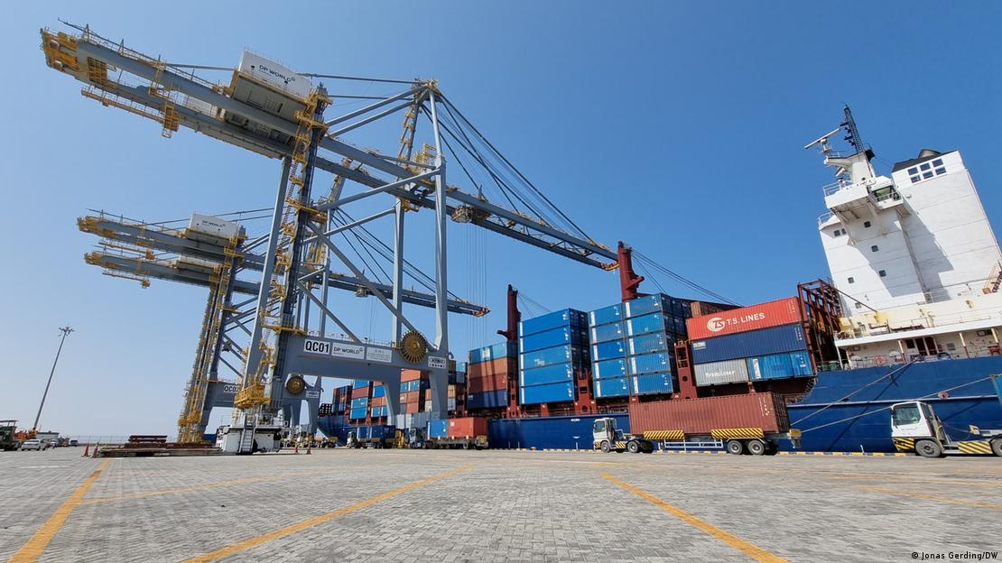 Gantry cranes offloading a container ship at Berbera Port