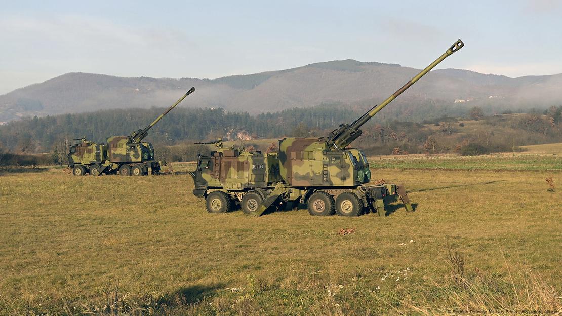 Serbian army self-propelled 155 mm gun-howitzers are seen on position near administrative line with Kosovo