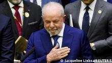 Brazil's new President Luiz Inacio Lula da Silva gestures as he is sworn in at the National Congress, in Brasilia, Brazil, January 1, 2023. REUTERS/Jacqueline Lisboa NO RESALES. NO ARCHIVES