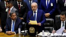 Brazil's new President Luiz Inacio Lula da Silva delivers a speech after being sworn in at the National Congress, in Brasilia, Brazil, January 1, 2023. REUTERS/Jacqueline Lisboa NO RESALES. NO ARCHIVES