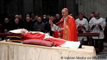 SENSITIVE MATERIAL. THIS IMAGE MAY OFFEND OR DISTURB Body of former Pope Benedict is on public display at St. Peter's Basilica at the Vatican, January 2, 2023. Vatican Media/­Handout via REUTERS ATTENTION EDITORS - THIS IMAGE WAS PROVIDED BY A THIRD PARTY. 