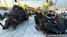 Wrecks of the cars in which Abu Mahdi al-Muhandis, deputy commander of Iran-backed militias in Iraq known as the Popular Mobilization Forces and Iran's top general Qassam Soleimani were assasinated during a third anniversary of their assassination in Baghdad, Iraq, Monday, Jan. 2, 2023. Al-Muhandis and Soleimani were killed in an US air strike in Baghdad in 2019. (AP Photo/Ali Abdul Hassan)