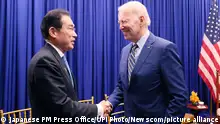 Japan's Prime Minister Fumio Kishida and U.S. President Joe Biden (R) hold a meeting during ASEAN in Phnom Penh, Cambodia on November 13, 2022. Photo by Japanese PM Press Office / UPI Photo via Newscom picture alliance