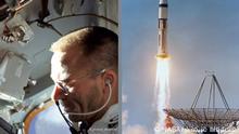 links: Walter Cunningham, Astronaut / rechts: HANDOUT - 11.10.1968, USA, Merrit Island: Eine Saturn IB Rake mit den Astronauten der Apollo 7 Mission hebt vom Kennedy Space Center ab. (zu dpa: Verschnupft und motzend im All - die bizarre Mission «Apollo 7» vom 08.10.2018) Foto: NASA/dpa - ACHTUNG: Nur zur redaktionellen Verwendung und nur mit vollständiger Nennung des vorstehenden Credits +++ dpa-Bildfunk +++