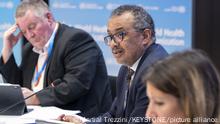 Michael Ryan, left, Executive Director, WHO Health Emergencies Programme, Tedros Adhanom Ghebreyesus, center, Director General of the World Health Organization (WHO), and Maria Van Kerkhove, right, Technical lead Covid 19 WHO Health Emergencies Programme (WHO) speak to journalists during a press conference organized by the Geneva Association of United Nations Correspondents (ACANU) at the World Health Organization (WHO) headquarters in Geneva, Switzerland, Wednesday, December 14, 2022. (KEYSTONE/Martial Trezzini)