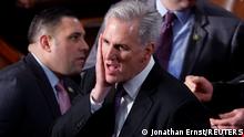 U.S. House Republican Leader Kevin McCarthy (R-CA) reacts on the floor of the House Chamber as Democrats force the House to vote on whether to continue a late evening session against McCarthy's wishes while the competition for Speaker of the House continues on the second day of the 118th Congress at the U.S. Capitol in Washington, U.S., January 4, 2023 REUTERS/Jonathan Ernst