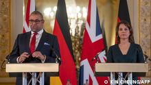 Britain's Foreign Secretary James Cleverly (L) and Germany's Foreign Minister Annalena Baerbock host a joint press conference following the first UK-Germany Strategic Dialogue meeting at Lancaster House in London on January 5, 2023. (Photo by Kin Cheung / POOL / AFP)