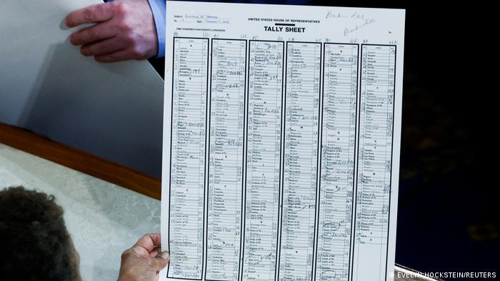 Ein Mann schaut auf eine Liste aller Abgeordneter des US-Repräsentantenhauses