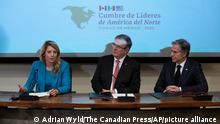 Canadian Foreign Affairs Minister Melanie Joly delivers remarks as she participates in a signing ceremony with Mexican Secretary of Foreign Affairs Marcelo Ebrard, center, and United States Secretary of State Antony Blinken during the signing of the Declaration of the North American Alliance for Racial Equality and Justice, Monday, Jan. 9, 2023, in Mexico City. (Adrian Wyld/The Canadian Press via AP)