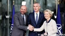 NATO Secretary General Jens Stoltenberg, European Council President Charles Michel and European Commission President Ursula von der Leyen shake hands after signing the third Joint Declaration on NATO-EU Cooperation at NATO headquarters in Brussels, Belgium, January 10, 2023. REUTERS/Johanna Geron
