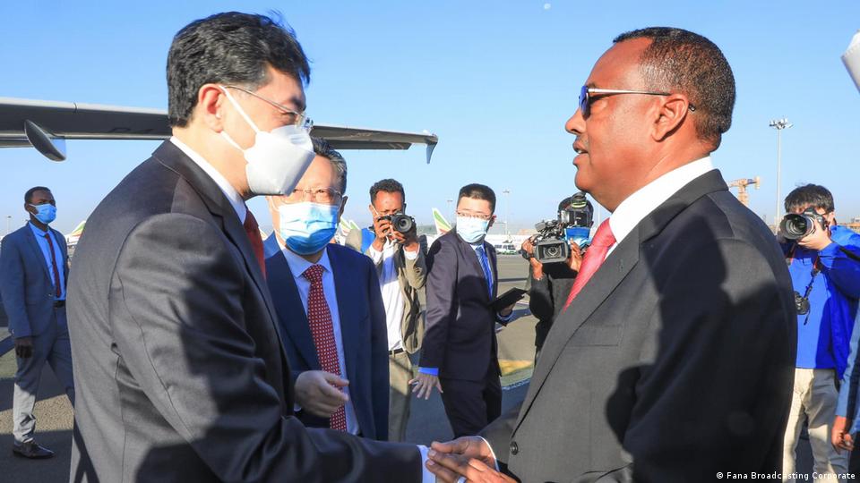 China's Foreign Minister Qin Gang greets Ethiopia's Deputy Prime Minister and Minister of Foreign Affairs, Demeke Mekonnen