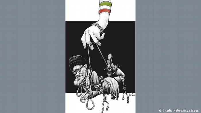Caricatura de Charlie Hebdo muestra al ayatolá Ali Jamenei atado con cuerdas, sostenido por el puño de una mujer con los colores de la bandera iraní.