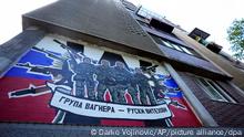A mural depicting mercenaries of Russia's Wagner Group that reads: Wagner Group - Russian knights on a wall in Belgrade, Serbia, Tuesday, Sept. 20, 2022. The Kremlin said Tuesday that there are no prospects for a negotiated end to the war in Ukraine and gave its blessing to efforts to swiftly bring regions already captured under Russia's complete control. (AP Photo/Darko Vojinovic)