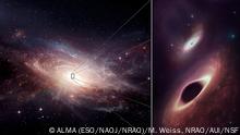 ***Nicht für ROAD geeignet!***
ALMA Scientists Find Pair of Black Holes Dining Together in Nearby Galaxy Merger
While studying a nearby pair of merging galaxies using the Atacama Large Millimeter/submillimeter Array (ALMA)— and international observatory co-operated by the U.S. National Science Foundation’s National Radio Astronomy Observatory (NRAO)— scientists discovered two supermassive black holes growing simultaneously near the center of the newly coalescing galaxy. These super-hungry giants are the closest together that scientists have ever observed in multiple wavelengths. What’s more, the new research reveals that binary black holes and the galaxy mergers that create them may be surprisingly commonplace in the Universe.
