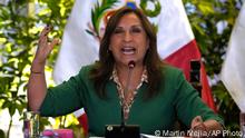 Peru's President Dina Boluarte speaks during a news conference at government palace in Lima, Peru, Thursday, Jan. 5, 2023. Protests against Boluarte that followed the ouster of her predecessor, Pedro Castillo, after he tried to dissolve Congress, have resumed after the holiday season. (AP Photo/Martin Mejia)