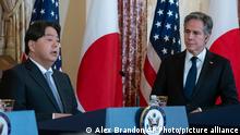 Japanese Foreign Minister Hayashi Yoshimasa, left, speaks as Secretary of State Antony Blinken listens during a news conference at the State Department, Wednesday, Jan. 11, 2023, in Washington. (AP Photo/Alex Brandon)
