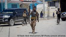 FILE - 21.08.2022
FILE - Security forces patrol at the scene, after gunmen stormed the Hayat Hotel in the capital Mogadishu, Somalia on Aug. 21, 2022. Somalia has launched what is being called the most significant military offensive against the al-Shabab extremist group in more than a decade. (AP Photo/Farah Abdi Warsameh, File)