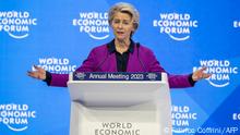 17.01.2023
European Commission President Ursula von der Leyen speaks during a session of the World Economic Forum (WEF) annual meeting in Davos on January 17, 2023. (Photo by Fabrice COFFRINI / AFP)