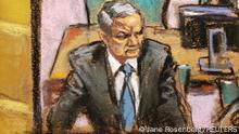 Former Mexican security secretary Genaro Garcia Luna appears on a screen while sitting in Brooklyn federal court on drug trafficking charges during jury selection in New York, U.S., January 17, 2023 in this courtroom sketch. REUTERS/Jane Rosenberg