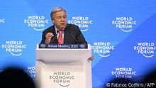UN Secretary-General Antonio Guterres addresses a session of the World Economic Forum (WEF) annual meeting in Davos on January 18, 2023. (Photo by Fabrice COFFRINI / AFP)
