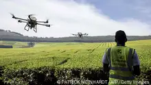 A Kenya Airways employee controls an unmanned aerial vehicle (UAV) as it spreads fertilizer over a tea farm at Kipkebe Tea Estate in Musereita on October 21, 2022. - The agricultural drone market is expected to grow in the coming years, with some reports suggesting it could reach 10.5 billion USD by 2028. Kenya, a country vulnerable to drought and food insecurity in some areas, is investing in agricultural technology in the hope to reduce costs and increasing crop yields. (Photo by Patrick Meinhardt / AFP) / The erroneous mention[s] appearing in the metadata of this photo by Patrick Meinhardt has been modified in AFP systems in the following manner: [fertilizer] instead of [pesticide]. Please immediately remove the erroneous mention[s] from all your online services and delete it (them) from your servers. If you have been authorized by AFP to distribute it (them) to third parties, please ensure that the same actions are carried out by them. Failure to promptly comply with these instructions will entail liability on your part for any continued or post notification usage. Therefore we thank you very much for all your attention and prompt action. We are sorry for the inconvenience this notification may cause and remain at your disposal for any further information you may require. (Photo by PATRICK MEINHARDT/AFP via Getty Images)