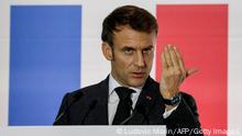 19.01.2023 *** TOPSHOT - French President Emmanuel Macron attend a press conference with Spain's Prime Minister after signing a treaty during a Franco-Spanish summit in Barcelona on January 19, 2023. - French President Emmanuel Macron and Spain's Pedro Sanchez inked a Franco-Spanish friendship treaty in Barcelona, as Paris seeks Madrid's support for its uncompromising stance in a brewing trade dispute with Washington. (Photo by Ludovic MARIN / AFP) (Photo by LUDOVIC MARIN/AFP via Getty Images)