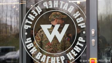 The logo on a window at the PMC Wagner Centre in St. Petersburg