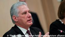 ***Achtung, Bild wurde vom russischen Staat herausgegeben***Archivbild: 22.11.22***In this handout photo provided by The State Duma, The Federal Assembly of The Russian Federation, Cuba's President Miguel Diaz-Canel speaks to Speaker of the State Duma, the Lower House of the Russian Parliament Vyacheslav Volodin during their talks at the State Duma, the Lower House of the Russian Parliament in Moscow, Russia, Tuesday, Nov. 22, 2022. (The State Duma, The Federal Assembly of The Russian Federation via AP)