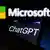 Logo of ChatGPT against the backdrop of a Microsoft logo on a bigger screen