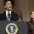 US-Präsident Obama mit Außenministerin Clinton am Mittwoch, 23.02.2011, bei einem Pressestatement zu den Ereignissen in Libyen im Weißen Haus (Foto: AP)
