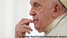 24.01.2023
Pope Francis pauses during an interview with The Associated Press at The Vatican, Tuesday, Jan. 24, 2023. Pope Francis said he hasn't even considered. .issuing norms to regulate future papal resignations and says he plans to continue on for as long as he can as bishop of Rome, despite a wave of attacks against him by some top-ranked cardinals and bishops. (AP Photo/Andrew Medichini)