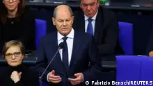 German Chancellor Olaf Scholz addresses the lower house of parliament Bundestag in Berlin, Germany January 25, 2023. REUTERS/Fabrizio Bensch