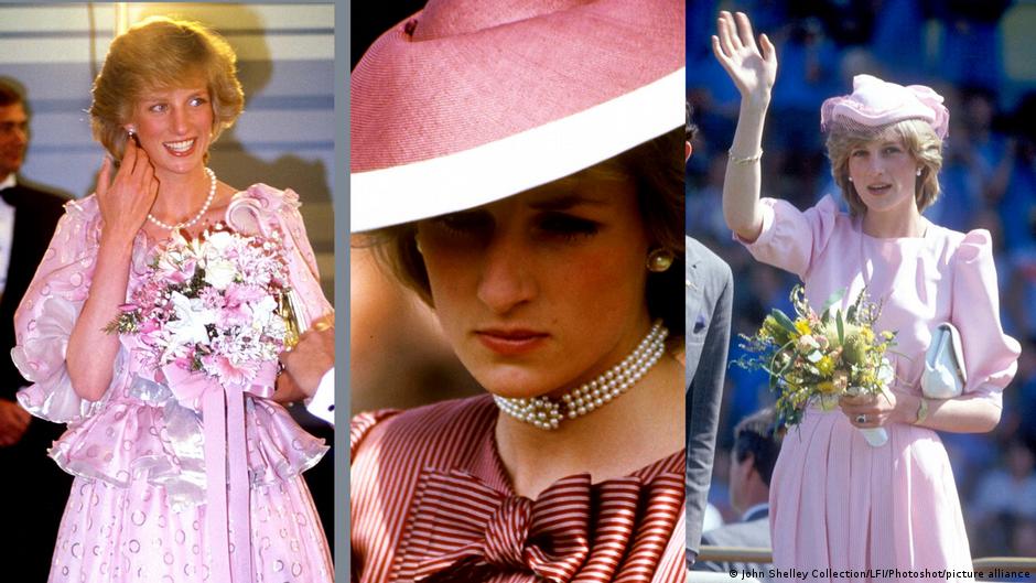 Dreierkombi: Diana mit einem rosafarbenen Rüschenkleid und passendem Blumenstrauß, Mitte: rosa.wei-gestreiftes Satin mit passendem Hut, Rechts: Lockeres rosa Kleid mit Puffärmeln, Diana winkt.
