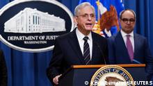 U.S. Attorney General Merrick Garland announces that the U.S. Justice Department has filed an anti-trust lawsuit against Alphabet's Google over allegations that Google abused its dominance of the digital advertising business, as Assistant Attorney General Jonathan Kanter of the Justice Department’s Antitrust Division listens during an appearance in the Justice Department's briefing room in Washington, January 24, 2023. REUTERS/Kevin Lamarque