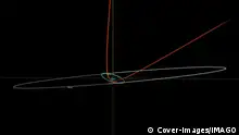 Image shows: This view from NASAs Scout system shows the deflection of asteroid 2023 BUs trajectory in red caused by Earths gravity. The orbit of geosynchronous satellites is shown in green, and the orbit of the Moon is depicted by the gray oval. Asteroid 2023 BU is about the size of a box truck and is predicted to make one of the closest approaches by a near-Earth object ever recorded. The asteroid was discovered by amateur astronomer Gennadiy Borisov, discoverer of the interstellar comet 2I/Borisov, from his MARGO observatory in Nauchnyi, Crimea, on Saturday, Jan. 21. Additional observations were reported to the Minor Planet Center MPC the internationally recognized clearinghouse for the position measurements of sma PUBLICATIONxNOTxINxUKxFRA Copyright: xx 52381304
