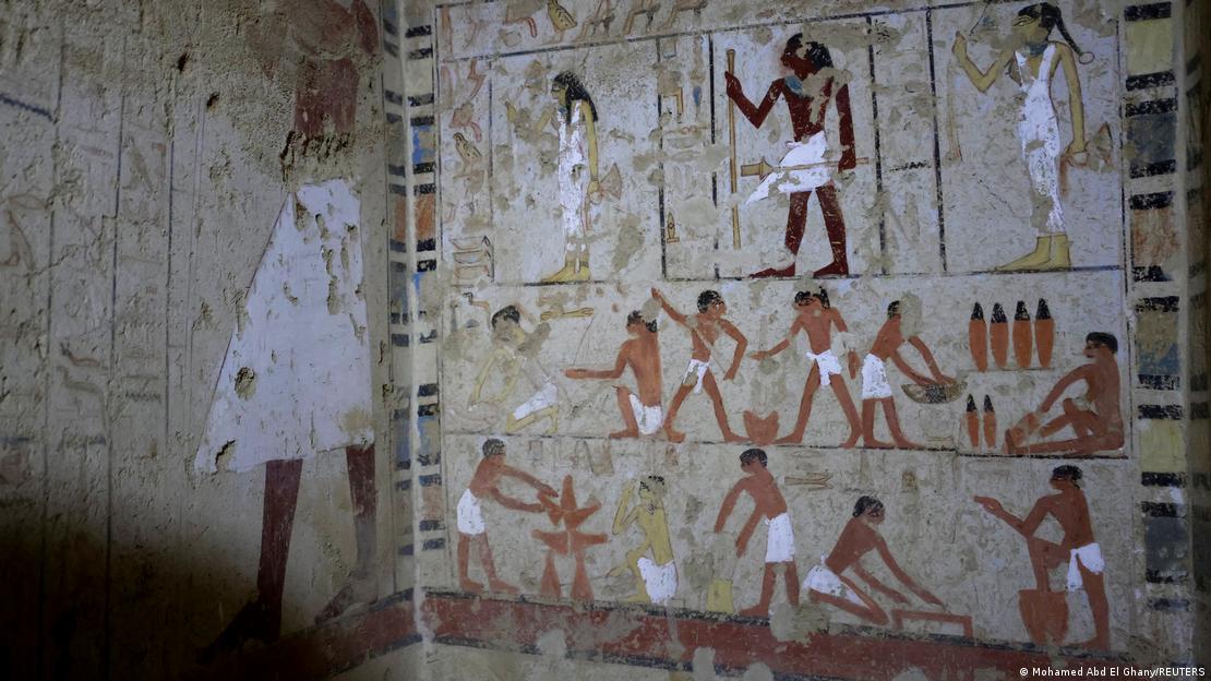 A general view inside a tomb after the announcement of the discovery of 4,300-year-old sealed tombs in Egypt's Saqqara necropolis, in Giza, Egypt