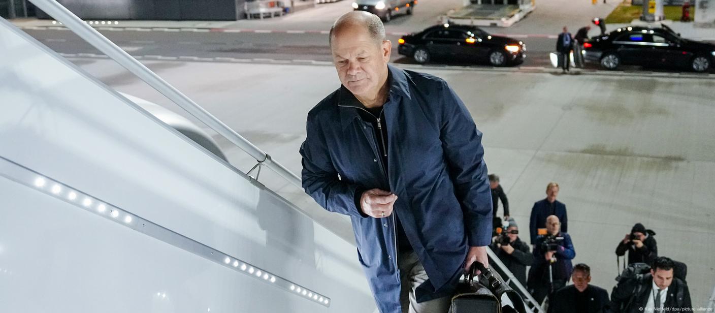 German Chancellor Olaf Scholz boards his flight to South America at Berlin-Brandenburg airport