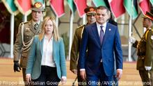 This handout picture provided by the Italian Government Press Office shows Prime Minister of the Libyan Government of National Unity Abdelhamid Dbeibah receiving Italian Prime Minister Giiorgia Meloni during her visit in Tripoli, Libya, 28 January 2023. Giorgia Meloni landed in Tripoli accompanied by the Ministers of Foreign Affairs, Antonio Tajani, and of the Interior, Matteo Piantedosi, for a mission by the Italian Government to the North African country. ANSA/ ITALIAN GOVERNMENT PRESS OFFICE/ FILIPPO ATTILI +++ ANSA PROVIDES ACCESS TO THIS HANDOUT PHOTO TO BE USED SOLELY TO ILLUSTRATE NEWS REPORTING OR COMMENTARY ON THE FACTS OR EVENTS DEPICTED IN THIS IMAGE; NO ARCHIVING; NO LICENSING +++ NPK +++