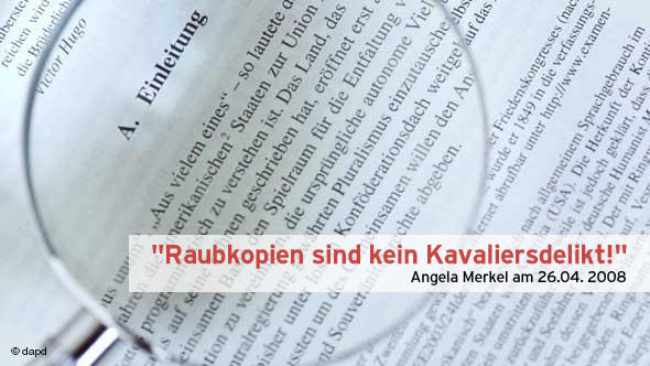 Montage aus Guttenbergs Einleitung und Angela Merkels Zitat zum Urheberrecht (Foto: dadp)
