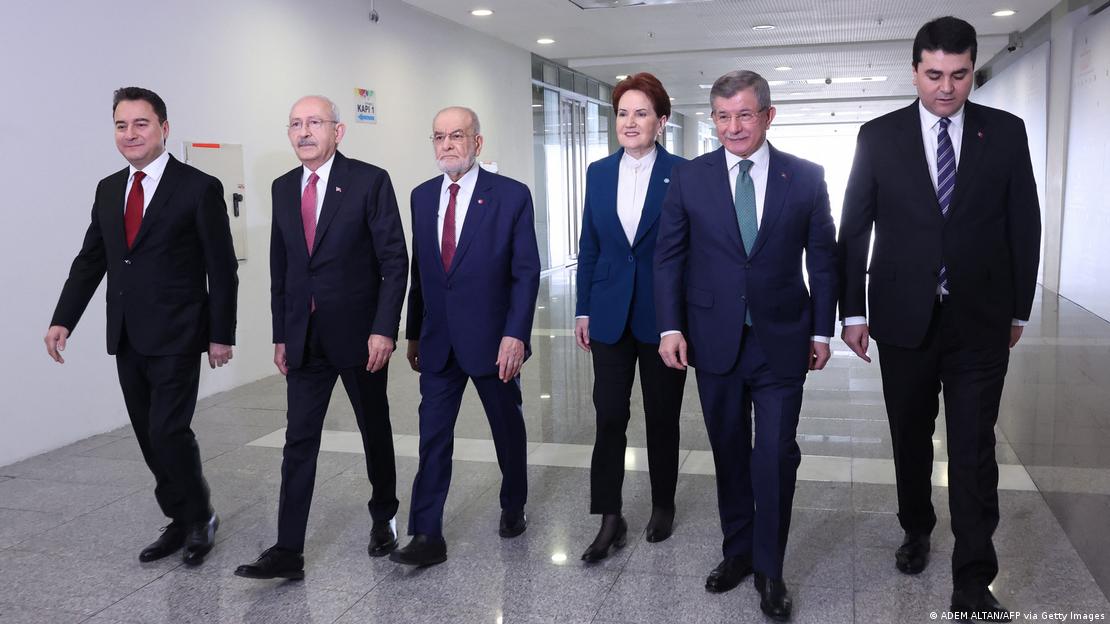 From left to right: Democracy and Progress (DEVA) Party Ali Babacan, Republican People's Party (CHP) Kemal Kilicdaroglu, Felicity Party (Saadet) Temel Karamollaoglu, IYI Party Meral Aksener, Future Party (Gelecek) Ahmet Davutoglu, and Democratic Party (DP) Gultekin Uysal
