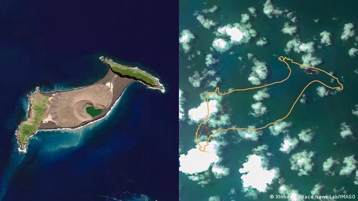 Las imágenes de satélite combinadas muestran la isla Hunga Ha apai de Tonga el 11 de abril de 2021 L y el 17 de enero de 2022.