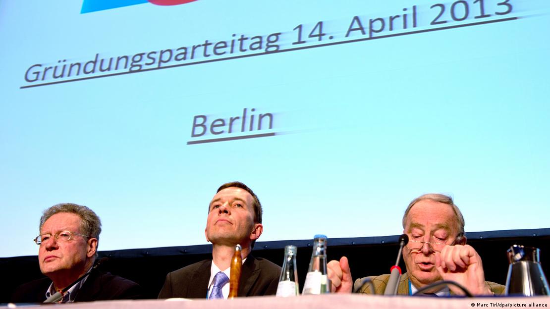 Konrad Adam, Bernd Lucke, Alexander Gauland sitting on the podium at the first AfD party conference