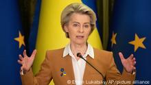 European Commission President Ursula von der Leyen attends the EU-Ukraine summit with Ukrainian President Volodymyr Zelenskyy in Kyiv, Ukraine, Thursday, Feb. 2, 2023. (AP Photo/Efrem Lukatsky)