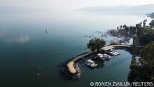 A aerial views shows the pier of a plant of Mekorot, Israel's national water company located close to the national water carrier project, which in cases of emergency is able to pump of desalinated water into the Sea of Galilee in northern Israel, January 23, 2023. REUTERS/Ronen Zvulun