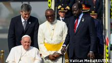 South Sudan's President Salva Kiir Mayardit receives Pope Francis at Juba International Airport during his apostolic journey, in Juba, South Sudan, February 3, 2023. Vatican Media/­Handout via REUTERS ATTENTION EDITORS - THIS IMAGE WAS PROVIDED BY A THIRD PARTY.