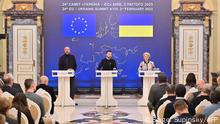 03.02.2023****Ukrainian President Volodymyr Zelensky (C), European Council President Charles Michel (L) and President of the European Commission Ursula von der Leyen (R) give a joint press conference during an EU-Ukraine summit in Kyiv on February 3, 2023. - The EU on February 3 pledged to support Ukraine every step of the way in its quest for bloc membership as top officials gathered in Kyiv for a highly symbolic summit. (Photo by Sergei SUPINSKY / AFP)